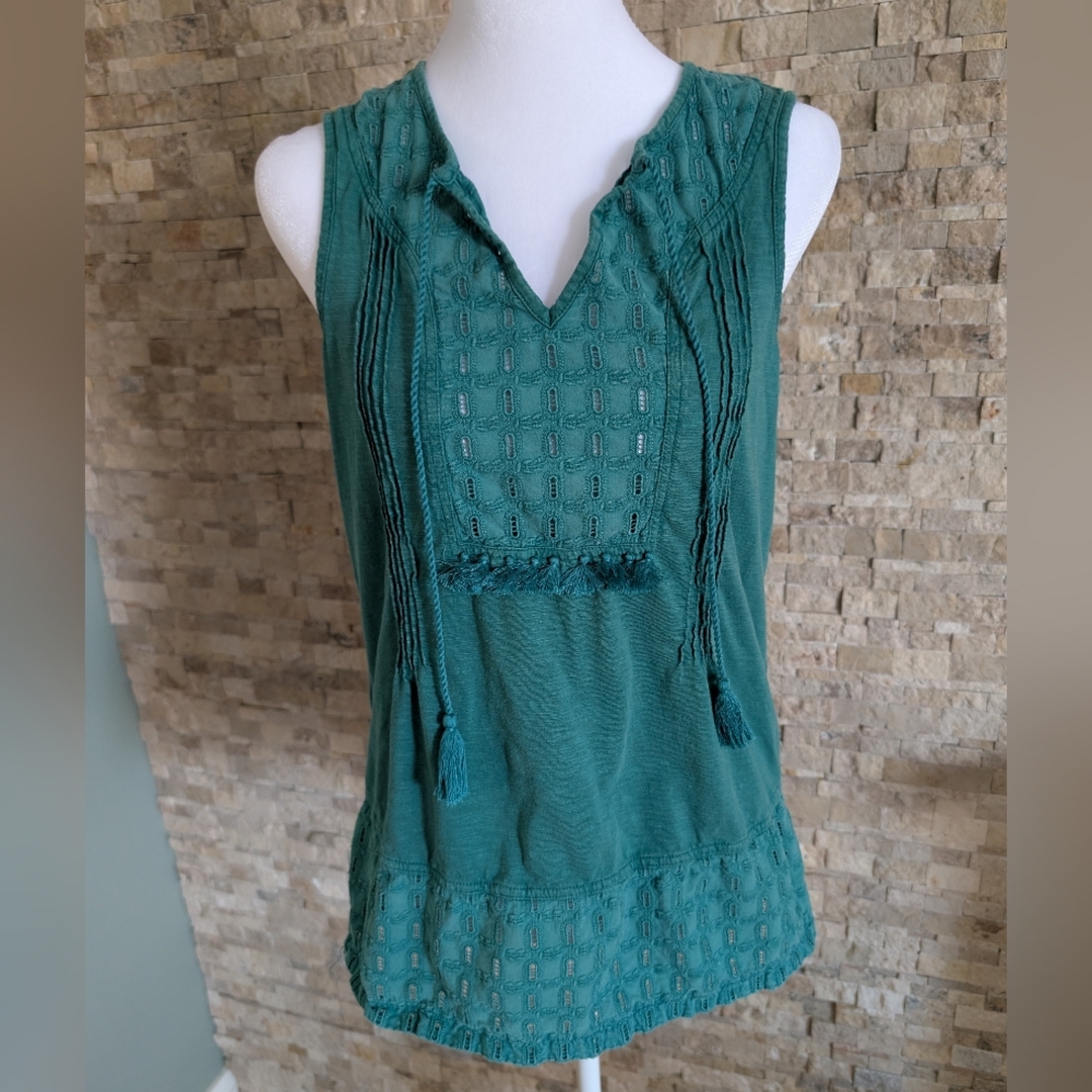 Boho Eyelet Turquoise Tassel Sleeveless Blouse Cotton Modal Festival Vacation M